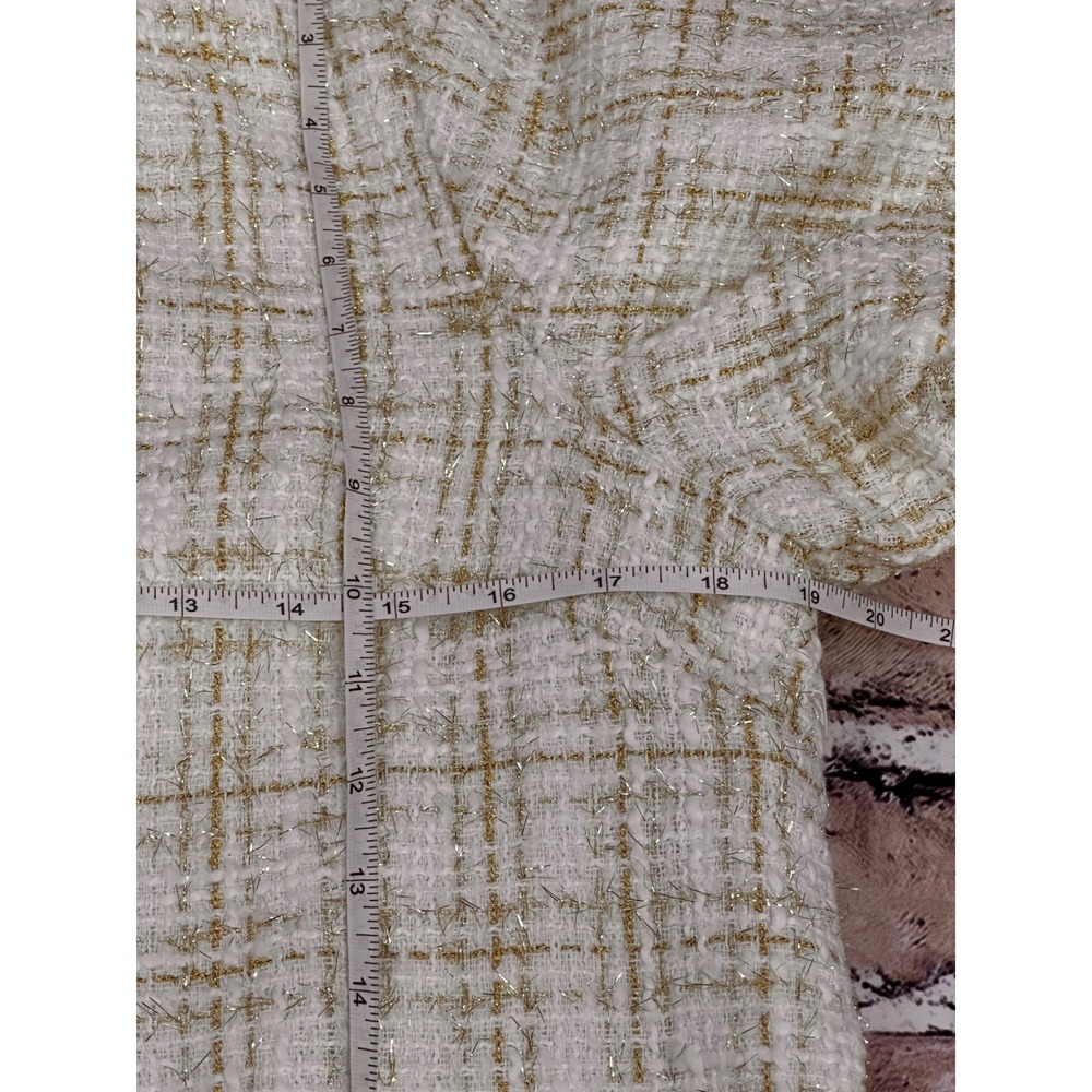 AURA Ivory Gold Metallic Tweed Puff Sleeve Mini Dress Faux Pearl M Old Money - Picture 11 of 13